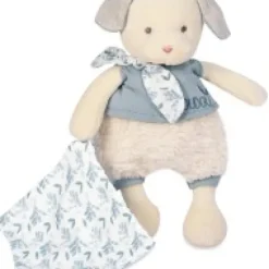 Online Chien peluche beige avec mouchoir bleu en coton BIO - 22 cm Les Prix Doux|Doudous Coton Bio
