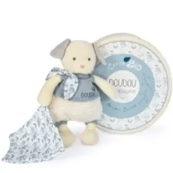 Online Chien peluche beige avec mouchoir bleu en coton BIO - 22 cm Les Prix Doux|Doudous Coton Bio