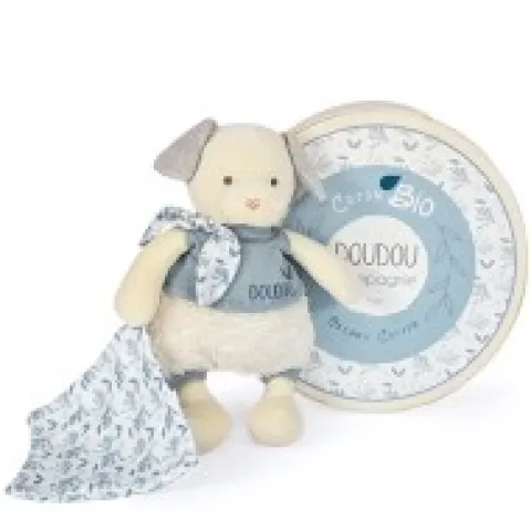 Online Chien peluche beige avec mouchoir bleu en coton BIO - 22 cm Les Prix Doux|Doudous Coton Bio