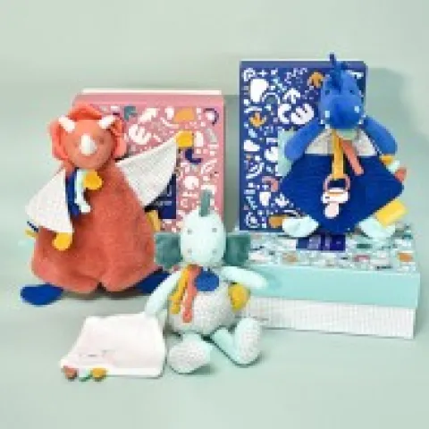 Clearance Coffret peluche dinosaure bleu- Attache tétine Sashou - 23 cm Les Prix Doux|Calinosaure