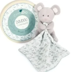 Outlet Doudou mouchoir Souris grise - vert en coton BIO - 15 cm Les Prix Doux|Doudous Coton Bio