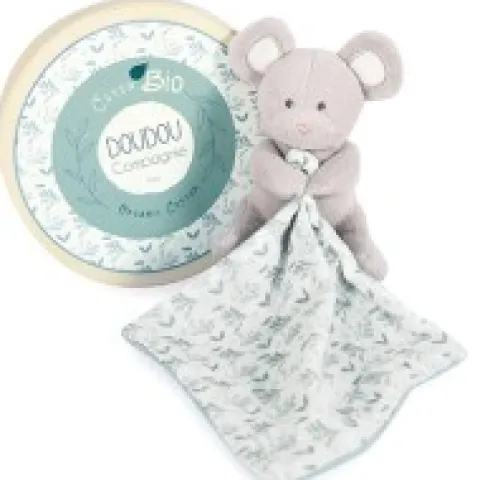 Outlet Doudou mouchoir Souris grise - vert en coton BIO - 15 cm Les Prix Doux|Doudous Coton Bio