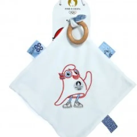 Sale Doudou plat mascotte jeux olympiques paris 2024 avec anneau en bois - 25 cm Collection Bébé Jo|Les Prix Doux
