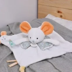 Fashion Doudou plat souris blanc avec marionnette à doigt - 30 cm Doudous À Histoires|Souris