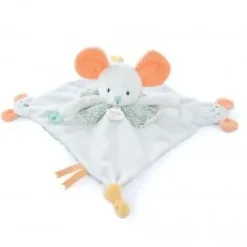 Fashion Doudou plat souris blanc avec marionnette à doigt - 30 cm Doudous À Histoires|Souris