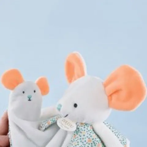 Fashion Doudou plat souris blanc avec marionnette à doigt - 30 cm Doudous À Histoires|Souris