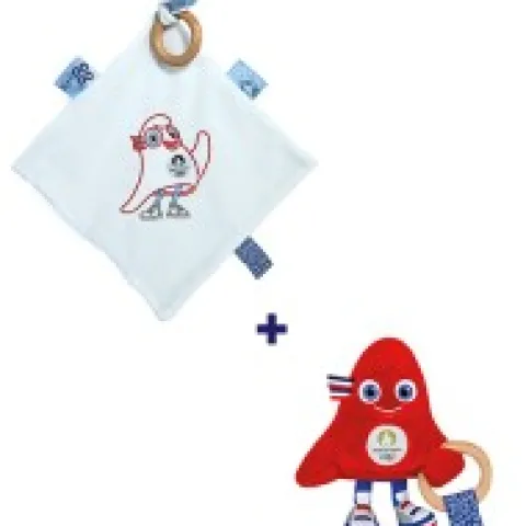 Outlet Duo Doudou plat et hochet pour bébé JO Paris 2024 Collection Bébé Jo|Mascotte Jo