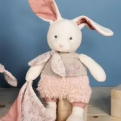 Discount Lapin peluche écrue avec mouchoir rose en coton BIO - 22  cm Les Prix Doux|Doudous Coton Bio