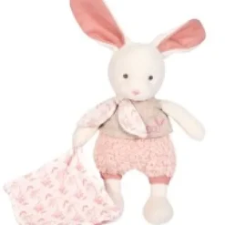Discount Lapin peluche écrue avec mouchoir rose en coton BIO - 22  cm Les Prix Doux|Doudous Coton Bio