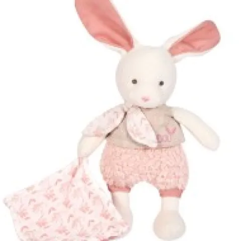 Discount Lapin peluche écrue avec mouchoir rose en coton BIO - 22 cm Les Prix Doux|Doudous Coton Bio