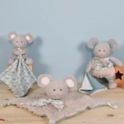Discount Souris en peluche grise avec mouchoir vert en coton BIO - 22 cm Les Prix Doux|Doudous Coton Bio